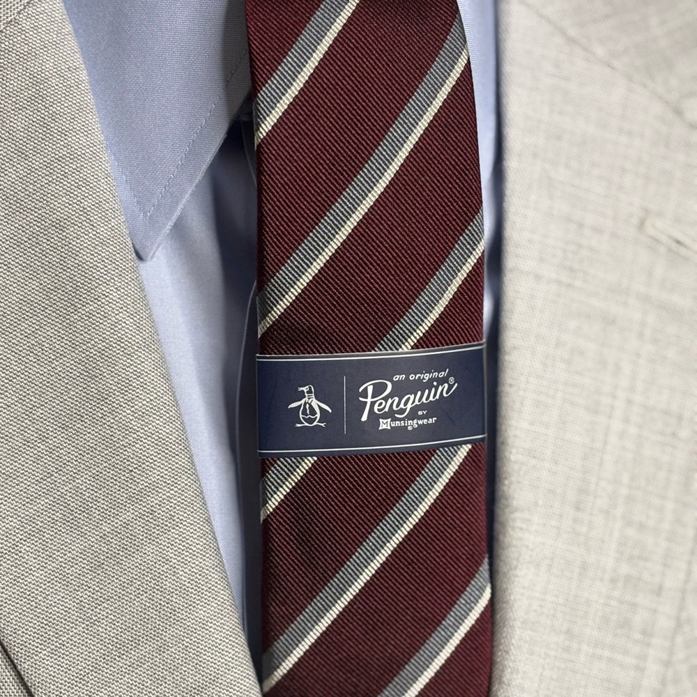 NEW-Original Penguin Men's Burgundy Striped Slim Tie - Picture 5 of 5